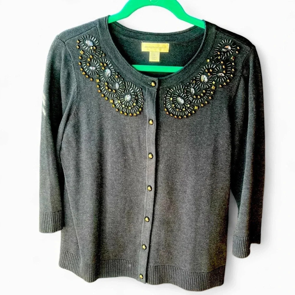 Christopher & Banks Button Down Beaded Cardigan 100% Cotton Size Medium